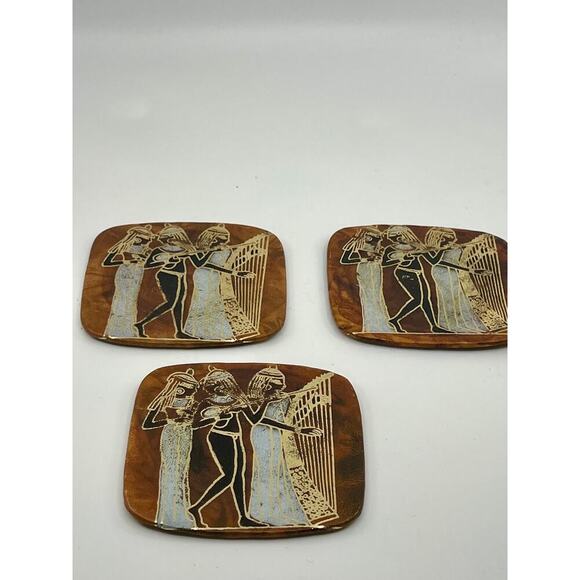 Vintage 3 Pc Set of Egyptian Goddess Leather Coasters - Picture 3 of 5